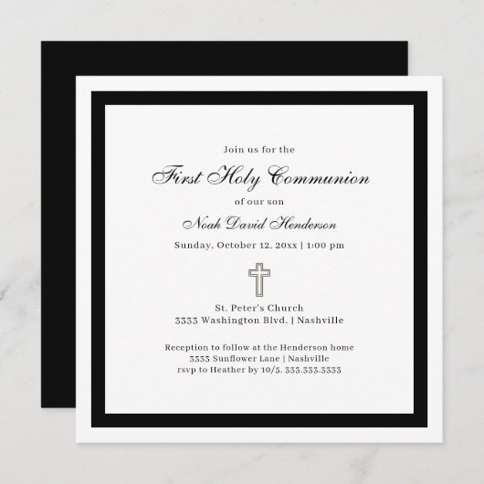 Simple First Holy Communion Black White Invitation Einladung (Vorne/Hinten)