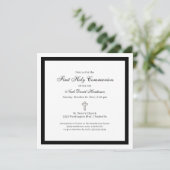 Simple First Holy Communion Black White Invitation Einladung (Stehend Vorderseite)