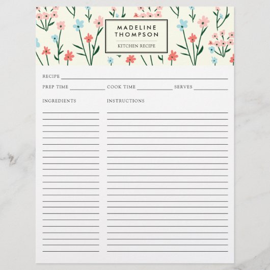 Simple Floral Botanical Pink Blue Flower Recipe (Vorderseite)