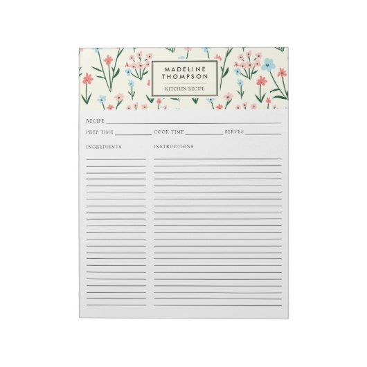 Simple Floral Botanical Pink Blue Flower Recipe Notizblock (Rotiert)