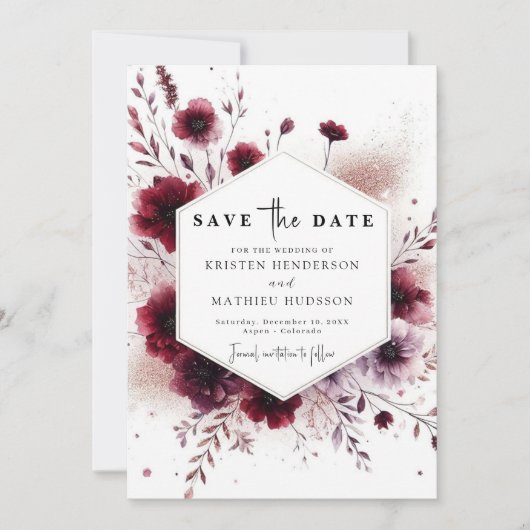 Simple Floral Burgundy Wedding Save The Date (Vorderseite)