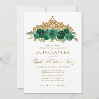 Simple Floral Emerald Green Gold Crown Quinceañera Einladung