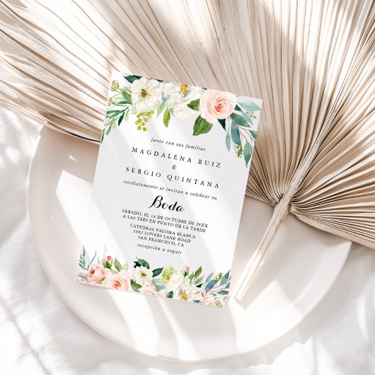 Simple Floral Foliage Calligraphy Spanish Wedding Einladung