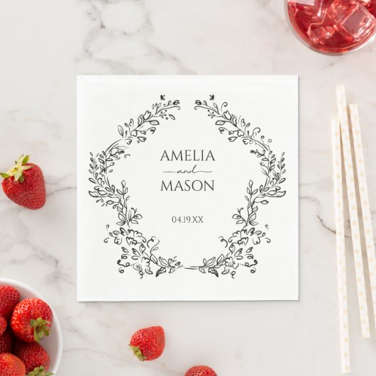 Simple Floral Frame Black and White Paper Wedding Serviette (Beispiel)