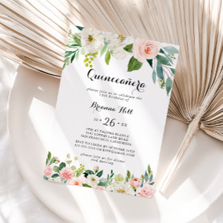 Simple Floral Green Calligraphy Quinceñera Einladung