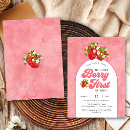 Simple Floral Red Strawberry Berry First Birthday Einladung