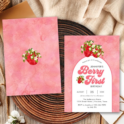 Simple Floral Red Strawberry Berry First Birthday Einladung