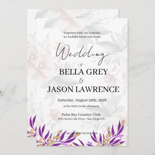 Simple flower Black & White Wedding Invitation Einladung (Vorne/Hinten)