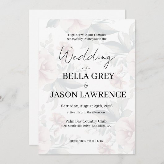 Simple flower Black & White Wedding Invitation Einladung (Vorne/Hinten)