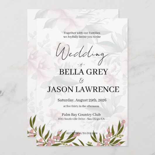 Simple flower Black & White Wedding Invitation Einladung (Vorne/Hinten)