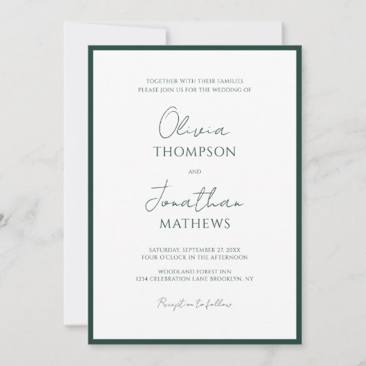 Simple Forest Green Border Script QR Code Hochzeit Einladung (Vorderseite)
