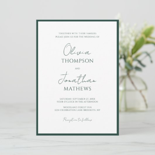 Simple Forest Green Border Script QR Code Hochzeit Einladung (Stehend Vorderseite)