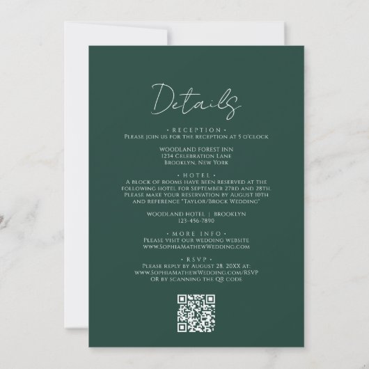 Simple Forest Green Border Script QR Code Hochzeit Einladung (Rückseite)