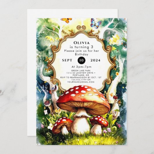 Simple Forest Mushroom Birthday Einladung (Vorne/Hinten)