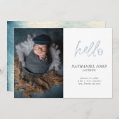 Simple Foto Hello Blue Typografy Baby Ankündigung (Vorne/Hinten)