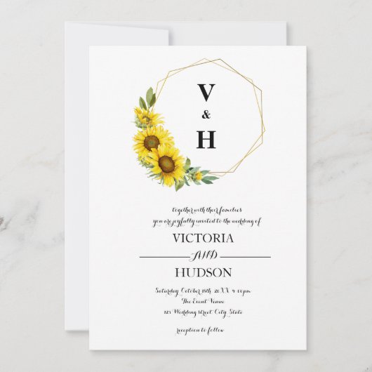 Simple Geometric Gold Sonnenblume Einladung (Vorderseite)