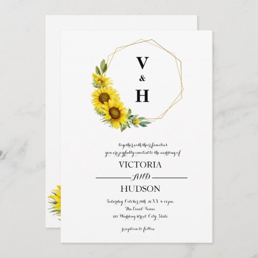 Simple Geometric Gold Sonnenblume Einladung (Vorne/Hinten)