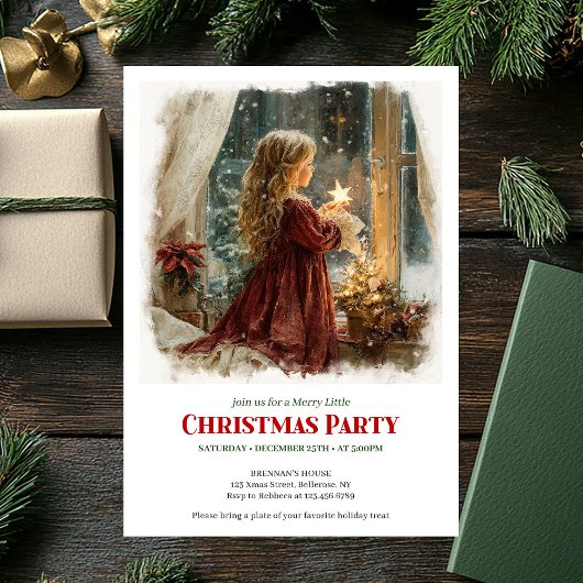 Simple girl awaits Santa editable Christmas invite Einladung