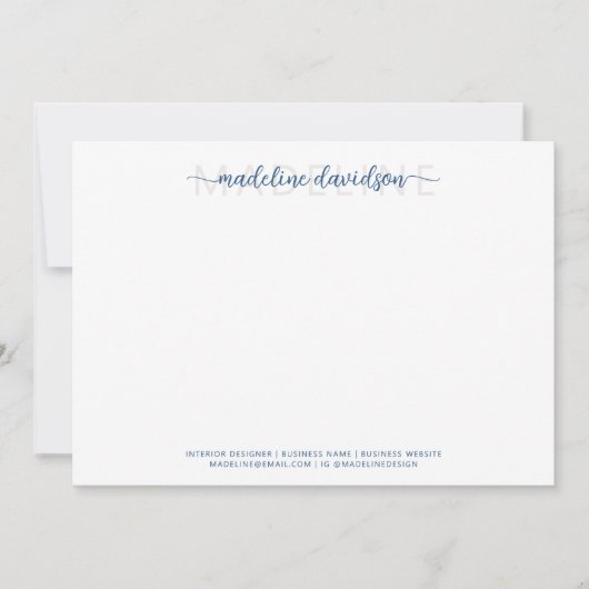 Simple Girly Light Navy Blue Name Stationery Mitteilungskarte (Vorderseite)