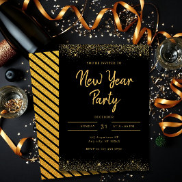 Simple Gold and Black Sparkle New Year Party Einladung