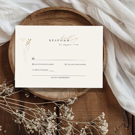 Simple Gold Boho Floral Wedding RSVP Karte