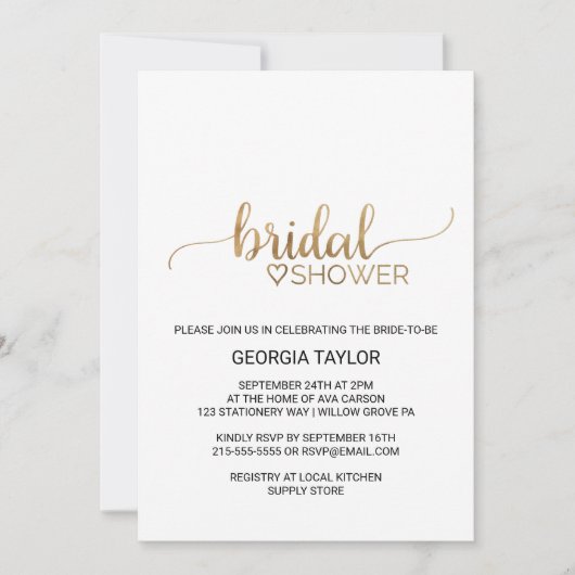Simple Gold Calligraphy Brautparty Einladung (Vorderseite)