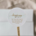 Simple Gold Calligraphy Christmas Rücksendeadresse Runder Aufkleber<br><div class="desc">Diese schlichten Goldkalligraphie-Weihnachtsaufkleber eignen sich perfekt für eine schicke Urlaubskarte oder einen Einladungsumschlag. Das elegante Design besticht durch einen luxuriösen Imitat mit goldenen Pinselstrichen-Schriftart, der "Weihnachtswünsche" und einen kleinen Weihnachtsbaum ausliest. Bitte kontaktieren Sie mich mit beliebigen Designanpassungen, die Sie benötigen. Bitte beachten Sie: Dieses Design enthält keine echte Goldfolie. Es...</div>