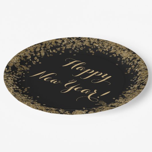 Simple Gold Confetti und Black Happy New Year Pappteller (Schrägansicht)