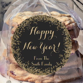 Simple Gold Confetti und Black Happy New Year Runder Aufkleber