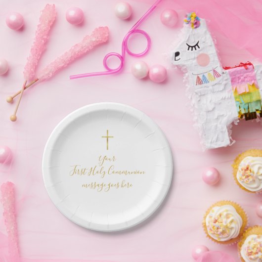 Simple Gold Cross First Holy Community Message Pappteller (Party)