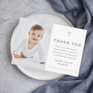 Simple Gold Cross Photo Religious Baptism Dankeskarte