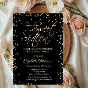 Simple Gold Diamonds Black Sweet 16 Einladung