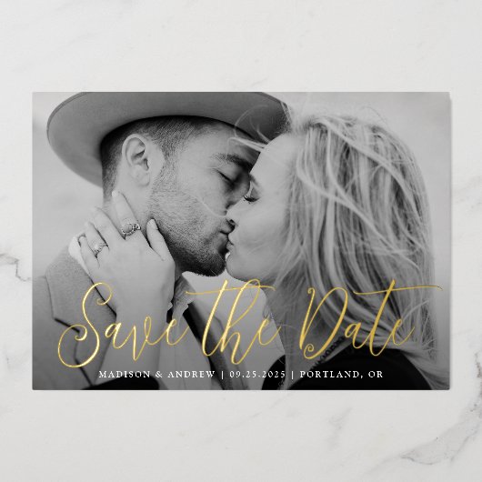 Simple Gold Foil Script Foto Save the Date Folieneinladung (Vorderseite)