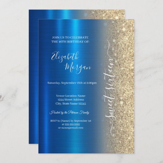 Simple Gold Glitzer Metallic Blue Sweet 16 Einladung (Vorne/Hinten)