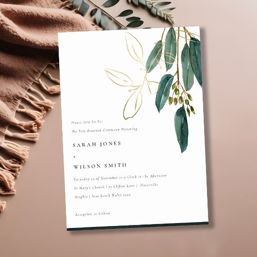 Simple Gold Green Eucalyptus Foliage Vow Renewal Einladung