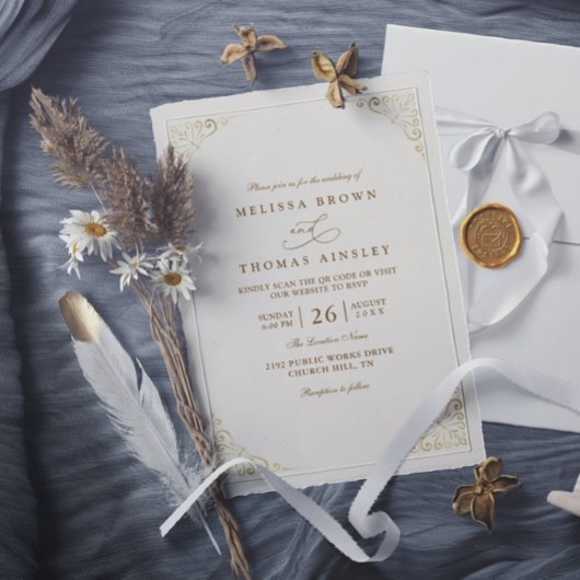 Simple Gold Minimalis Elegant Chic QR Code Wedding Einladung