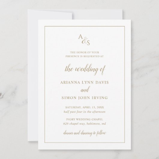 Simple Gold Monogram Formal Elegante Hochzeit Einladung (Vorderseite)