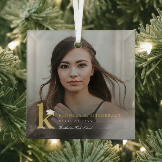 Simple Gold Monogram Modern Photo Graduation Easel Ornament Aus Glas (Insitu)