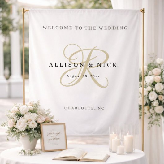 Simple Gold Monogram Wedding Welcome Sign Wandteppich