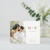 Simple Gold Monogram White Foto Save the Date Postkarte (Stehend Vorderseite)