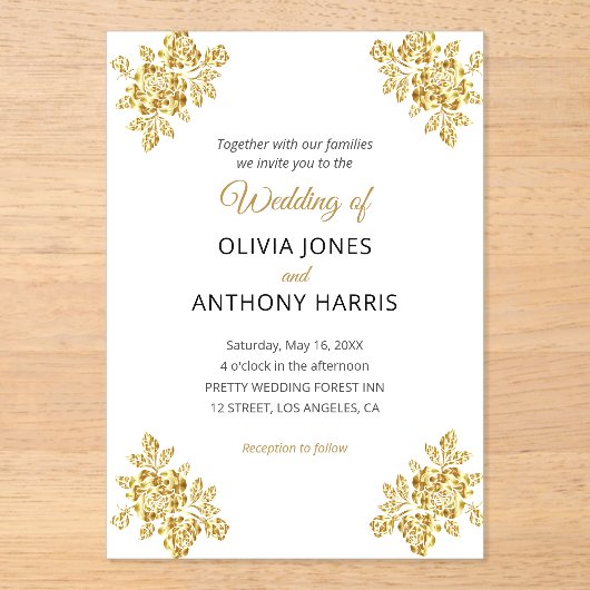 Simple Gold Roses Elegant Modern Floral Wedding  Acryleinladungen (Vorderseite)