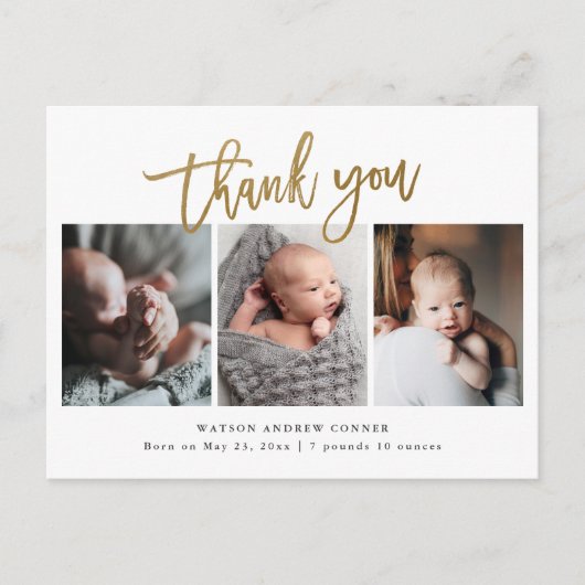Simple Gold Script 3 Foto Baby Vielen Dank Postkarte (Vorderseite)