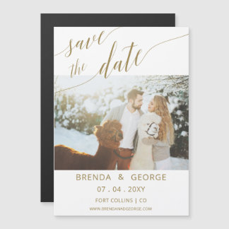 Simple Gold Script Calligraphy Foto Save the Date Magneteinladung