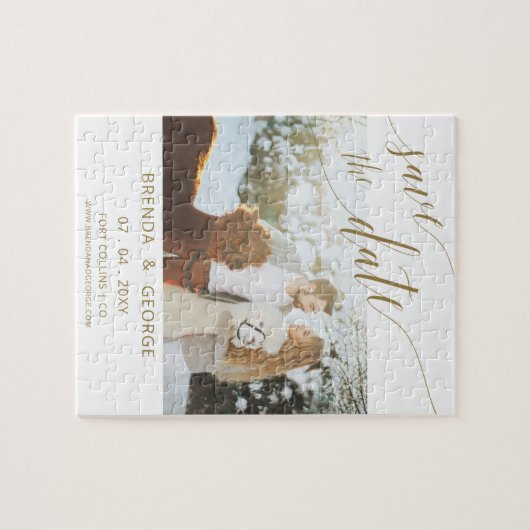 Simple Gold Script Calligraphy Foto Save the Date Puzzle (Horizontal)