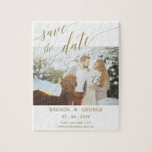Simple Gold Script Calligraphy Foto Save the Date Puzzle