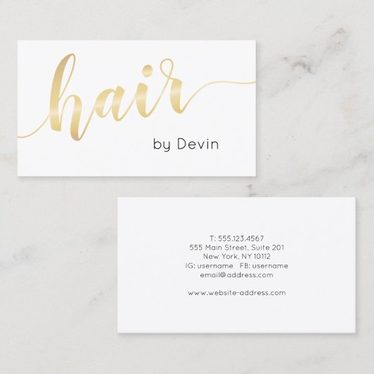 Simple Gold Script Typografy Hair Stylist Salon Visitenkarte (Vorne/Hinten)
