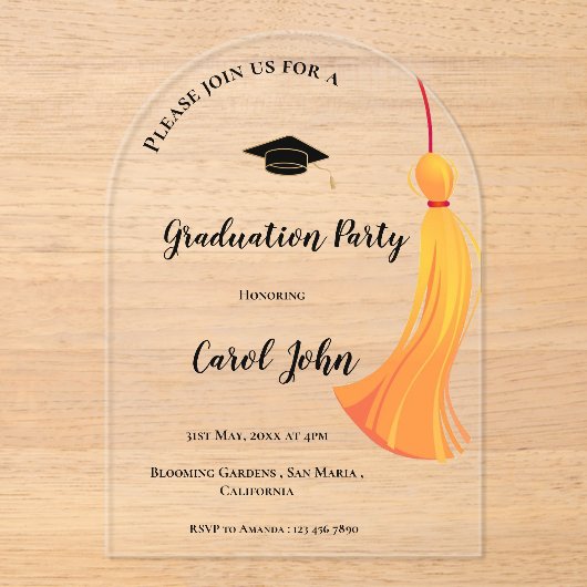 Simple Gold Tassel Class of 2025 Graduation Party Acryleinladungen (Vorderseite)