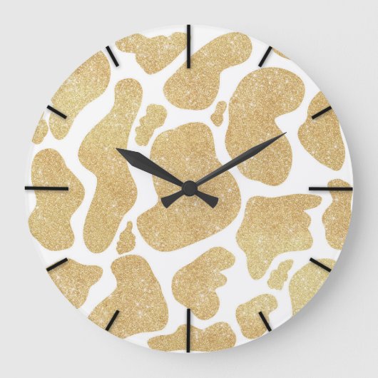 Simple Gold white Large Cow Spots Animal Print Große Wanduhr (Vorderseite)