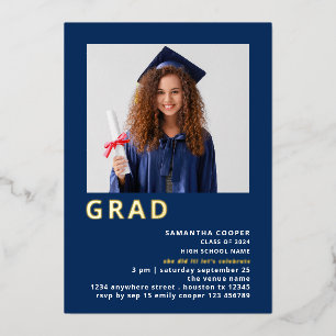 Simple Grad 2025 Foto Abschluss Navy Gold Real Folieneinladung
