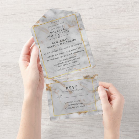 Simple Gray Gold Marble Agate Elegante All In One Einladung (Abreißen)